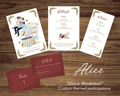 Alice in Wonderland custom wedding participations custom wedding invites graphic design illustration wedding participation