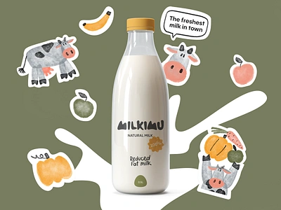 Milk Packaging Design: Glass Bottle bottle branding cow dairy design design studio digital art digital illustration drink food food brand fruit graphic design illustration illustrator marketing milk packaging packaging design watercolor