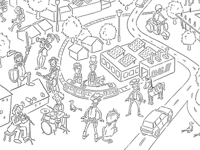 Duisburg South cartoon character design comic hand drawn hidden object hidden picture illustration people wimmelbild