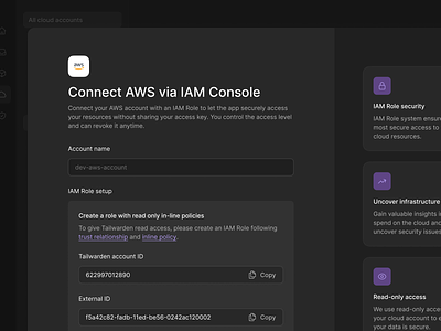 Tailwarden - AWS Integration aws connect connection copy copy to clipboard dark mode form input integration minimalist modal popover popup product design saas simple ui ux