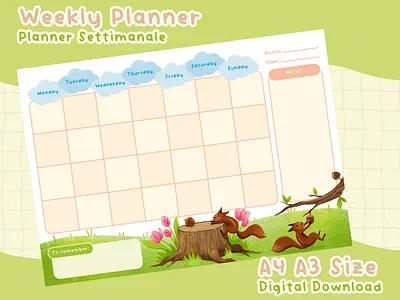 Squirrel Weekly Planner character design cozy planner cute illustrations digital product graphic design illustration kidlit planner printable product design squirrel weekly planner