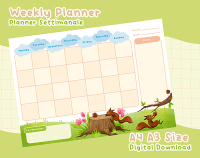 Squirrel Weekly Planner character design cozy planner cute illustrations digital product graphic design illustration kidlit planner printable product design squirrel weekly planner