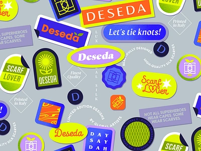 DESEDA badges branding colorful colourful deseda fruit sticker fruit stickers fruits geometric geometry graphic design illustration logos minimal pattern patterns scarf silk scarf stamp stickers