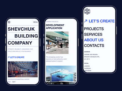 Mobile version of the website for Shevchuk building company architecture blue business clean color creative design ecommerce figma font grid layout mobile product typography ui ux web web design website