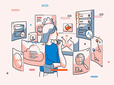 Tech choices brand character cloud editorial hunter.io illustration person screens server supplier tech thinking ui