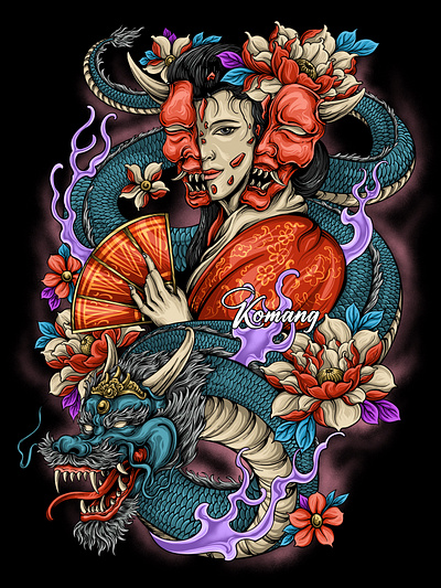 Japanese geisha and dragon illustration for tshirt design art artdrawing branding design dragon gieisha graphic design handdrawing illustration ui