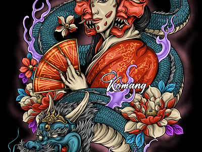 Japanese geisha and dragon illustration for tshirt design art artdrawing branding design dragon gieisha graphic design handdrawing illustration ui