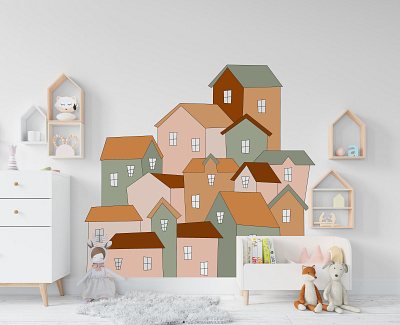 Nursery wall art design little cute houses and mountains nursery design nursery posters