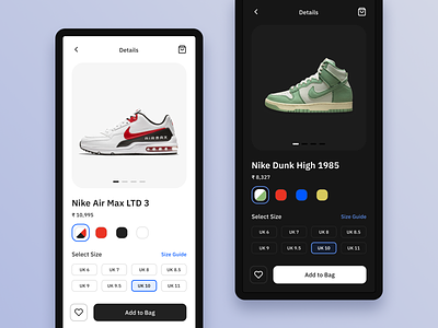 E-commerce Mobile App cart clean dailyui dark design ecommerce favourite minimal nike shoes shopping shopping bag simple size sneakers ui ux