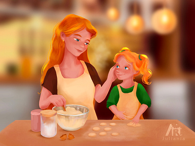 Warm evening baking cartoon character character design child cookies cooking cooking together cozy cute daughter family ginger girl illustration kitchen mother procreate redhair warm