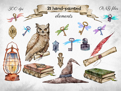 Magic watercolor hand-painted clipart clipart design drawing elements hand drawn hand painted illustration magic painting png clipart poster set watercolor watercolor clipart withcraft wizard clipart wizardry