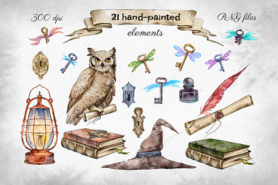 Magic watercolor hand-painted clipart clipart design drawing elements hand drawn hand painted illustration magic painting png clipart poster set watercolor watercolor clipart withcraft wizard clipart wizardry