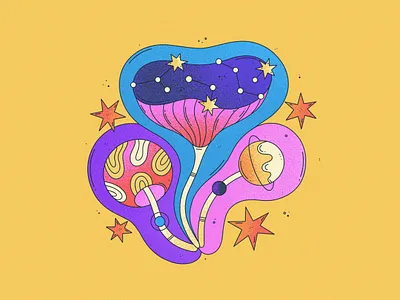 Space Mushrooms 60s bright colorful design fun fungus funny groovy illustration mushrooms outline planet psychedelic space stars stroke surreal vector