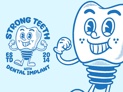 DENTAL IMPLANT | STRONG TEETH WITH DENTAL IMPLANT cartoon character clothing graphic design illustration logo mascot retro retro cartoon retro mascot teeth tshirt design