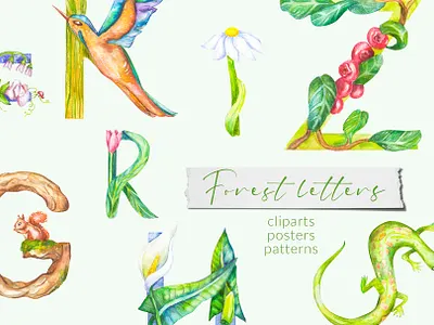 Forest letters alphabet animals letters baby alphabet botanical clipart floral letters illustration letters typography watercolor watercolor alphabet