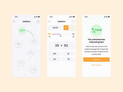 Math Educational Game awards badge cards design education app games illustrations kids kids game learning app level math game mobile app orange path play popular study test ui