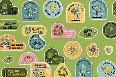 Retro groovy eco stickers pack cartoon collection creative market cute design earth day eco ecology environment green groovy illustration pattern retro set sticker stickers zero waste
