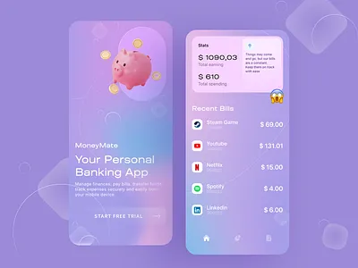 App - MoneyMate 3d app bank card clean finance gradient layout mobile money piggy ui