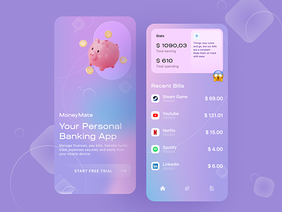 App - MoneyMate 3d app bank card clean finance gradient layout mobile money piggy ui