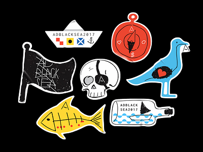 Stikers 2d ad black sea bottle branding compass fish flag graphic design heart illustrator logo pirate sailor sea seagull ship skull sticker wave