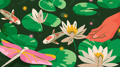 Colorful oasis in the middle of nature colorful digital illustration dragonfly editorial editorial illustration flowers illustration imagination nature oasis pond secret water waterlife
