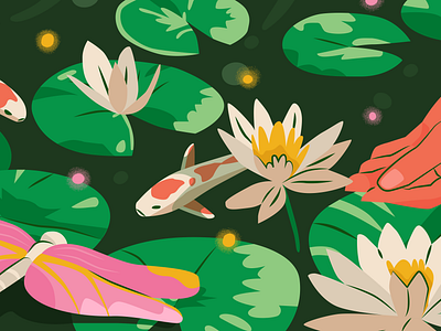 Colorful oasis in the middle of nature colorful digital illustration dragonfly editorial editorial illustration flowers illustration imagination nature oasis pond secret water waterlife