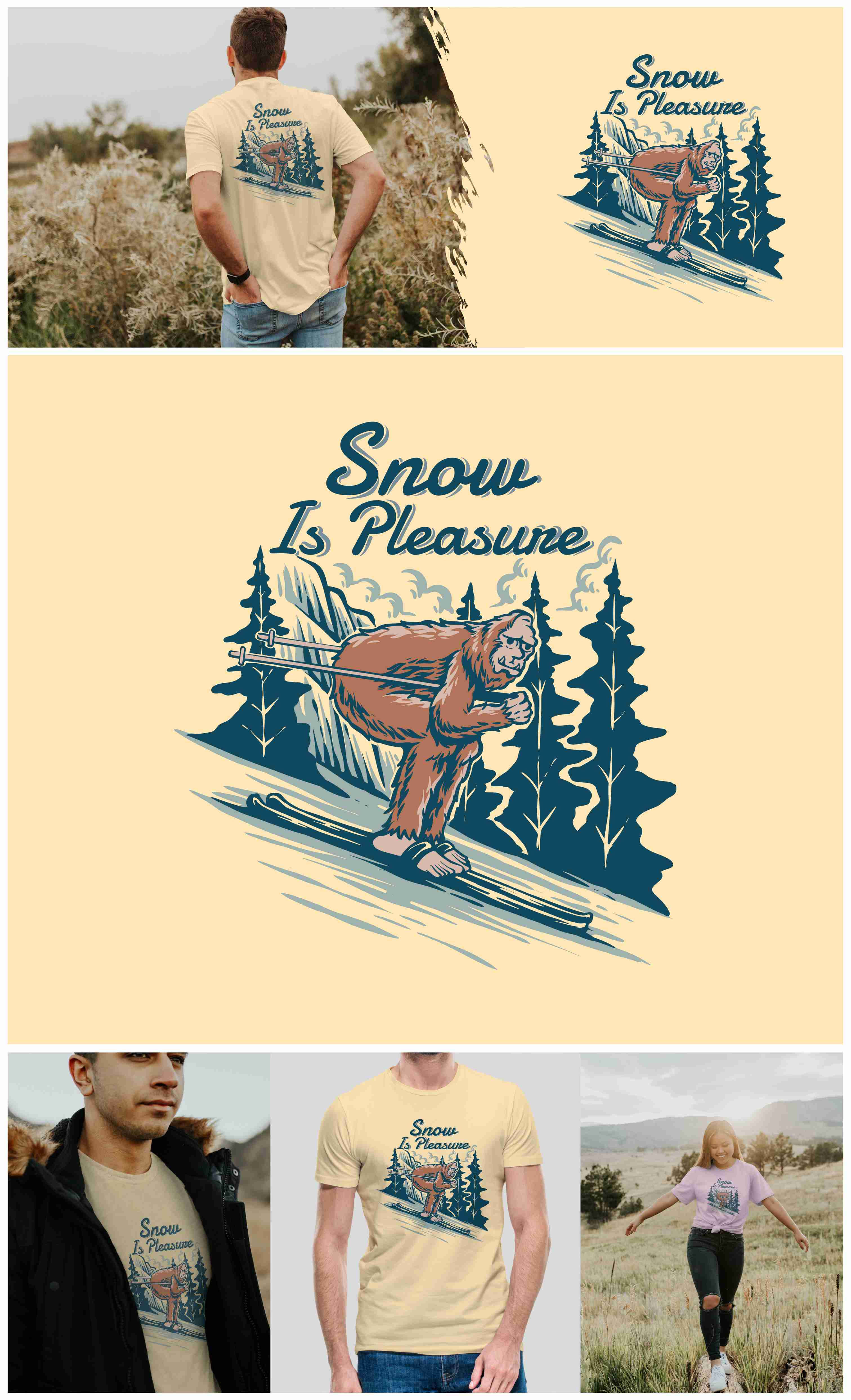 Vintage Bigfoot Sking at Snowy Forest Illustration adventure beach branding design graphic design illustration logo motorcycle mountain nature outdoor retro skull summer vector