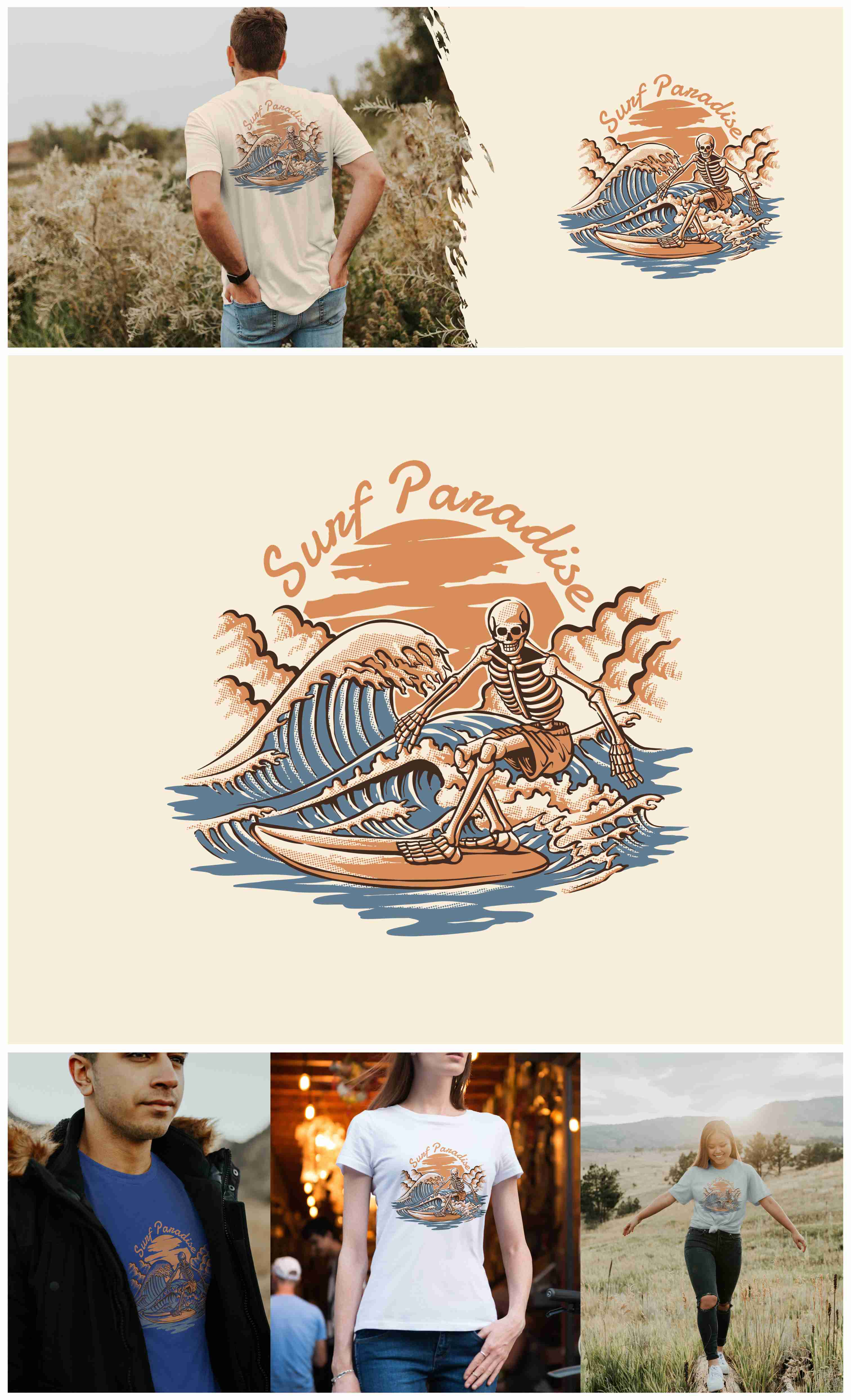 Vintage Retro Skull Surfboarding with the Waves Illustration adventure beach branding design graphic design illustration logo motorcycle mountain nature outdoor retro skull summer vector