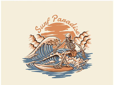 Vintage Retro Skull Surfboarding with the Waves Illustration adventure beach branding design graphic design illustration logo motorcycle mountain nature outdoor retro skull summer vector