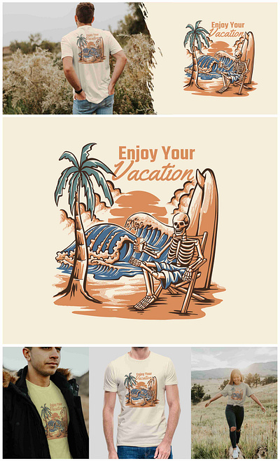 Vintage Skull Enjoying Vacation at Beach Illustration branding design graphic design illustration logo mountain nature vector