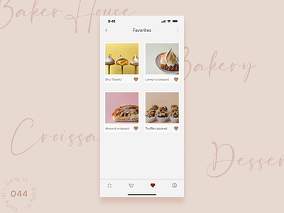 Daily UI Challenge - Day 44: Favorites app bakery branding daily ui dailyui day 044 day 44 day044 day44 design dessert favorites mobile app ui ux