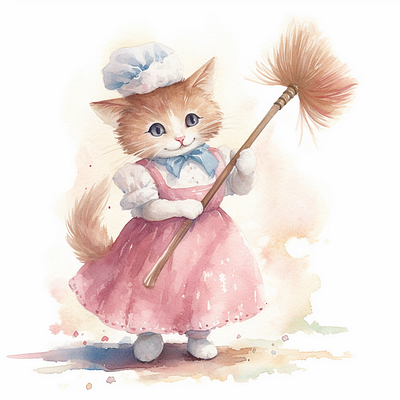 Cute Kitten With Broom Illustration branding cat design digital art farm flat graphic design illustration illustrator kitten maid minimal nursery ui vector watercolor