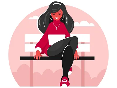 Girl with tablet bench device girl illustration outdoor park student tablet vector woman