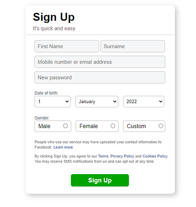 Facebook SignUp form web designer