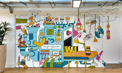 Mgarrybowen - Office Mural, London advertising art artist bold branding colourful creative design drawing hand painted illustration live art matt johnstone mural paint