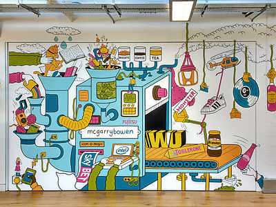 Mgarrybowen - Office Mural, London advertising art artist bold branding colourful creative design drawing hand painted illustration live art matt johnstone mural paint