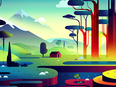 Fantasy colorful deco enjoy fantasy gradient hills illustration island landscape mysterious panorama poster print study trees