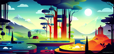 Fantasy colorful deco enjoy fantasy gradient hills illustration island landscape mysterious panorama poster print study trees