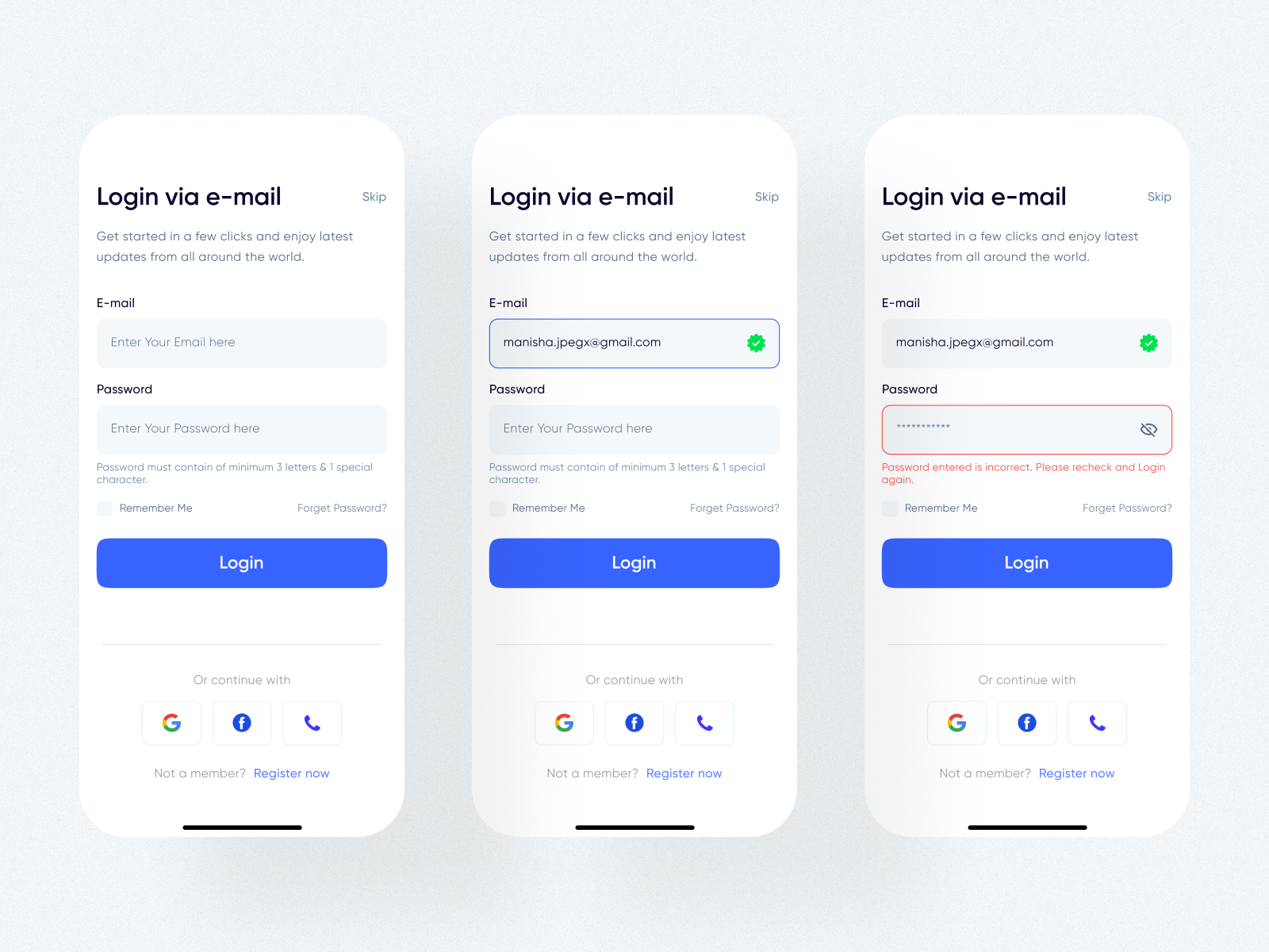 Login Flow - Mobile App Design 💬 by Manisha Ahuja on Dribbble