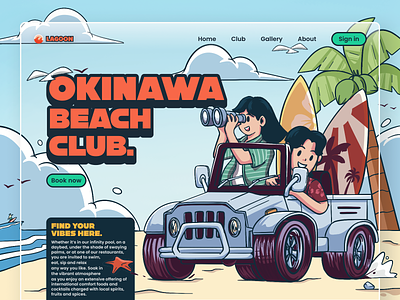 Okinawa Beach Club - Hero Illustration art beach beach club bold cartoon characters comic design flat flat illustration illustration japan summer surf surf club travel ui