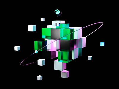 Rubik's Cube blockchain cube dynamic glass green pink ring
