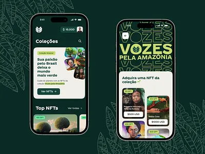 NFT Marketplace App amazonia app apple design figma green ios iphone leaf marketplace mobile nature nft token tree ui user interface visual design