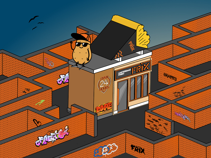 Frix Fritterie - Illustration art branding cool design fries glasses graffiry graphic graphic design illustration maze night open potatoe shop vector