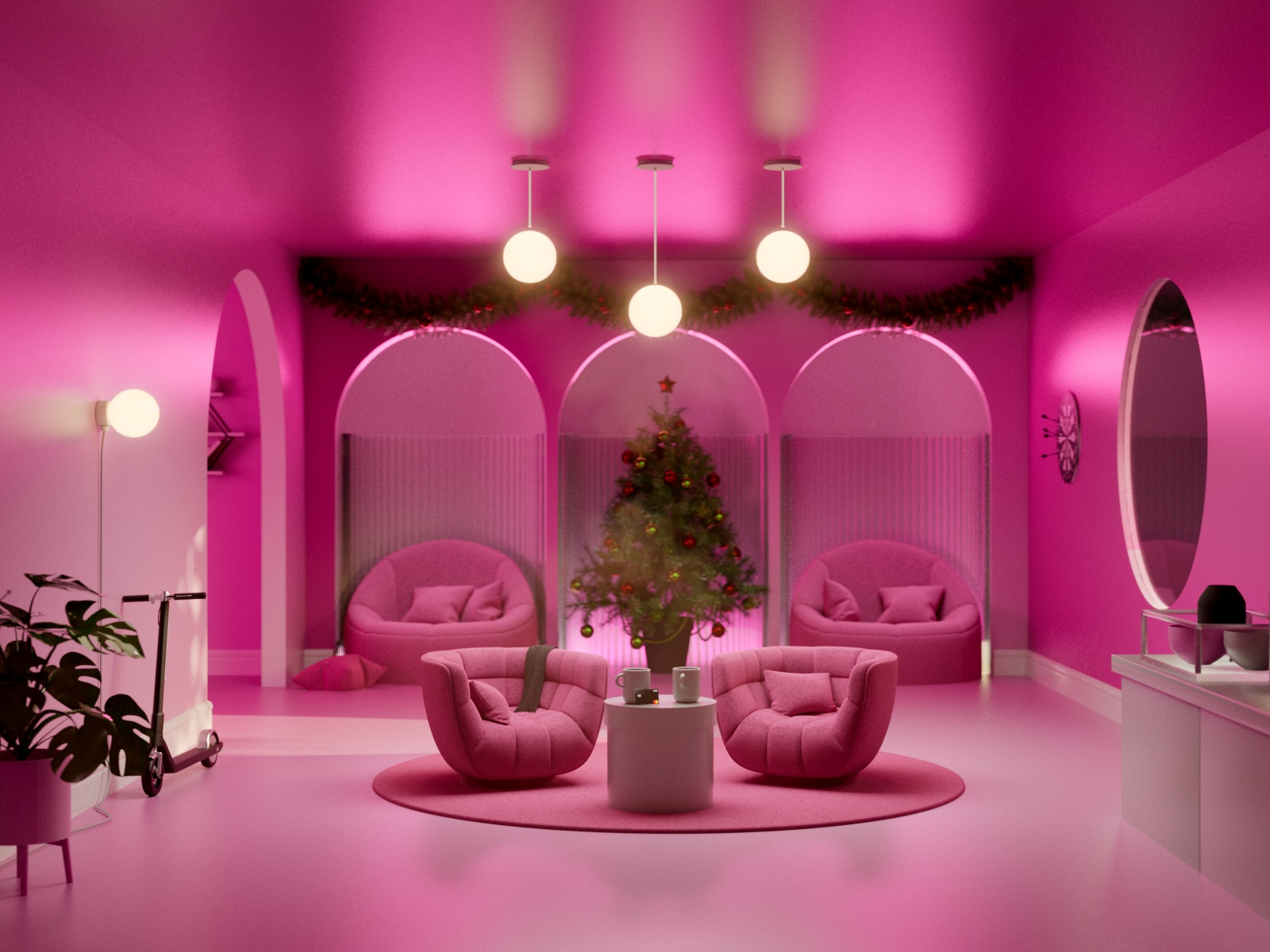 Pink room 3d ambience arc carpet cgi darts design illustration lightbulb mirror pillow pink plant room scooter sofa three warm welcome window