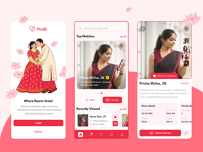 Matrimony mobile app buttons card carousel chat dating design details page gallery home page icons illustration light mode login logo matrimony mobile app nav bar onboarding search bar ui
