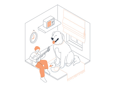 Guitarist with a dog - isometric line illustration boy character design dog guitar illustration interior isometric isometry line pet room style vector