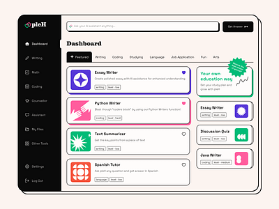 pleH. AI Educational Platform ai artificial intelligence beige black cards chat dashboard design edtech education left menu multicolor platform tabs ui uiux ux