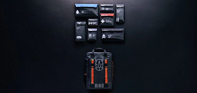 RINO Ready Survival Pouch Design black branding clean design emergency equipment future packaging space survival