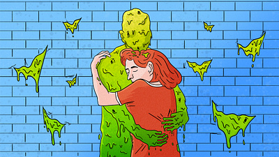 7 Signs You’re in a Toxic Relationship abuse abusive article editorial embrace hug illustration love man relationship slime sludge toxic woman