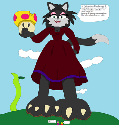 Aurelia Eats A Mega Mushroom anthro character crossover dress fantasy foxes furry giantess growth illustration ladies mario megamushroom mobian nintendo red satire sonic vixen witches